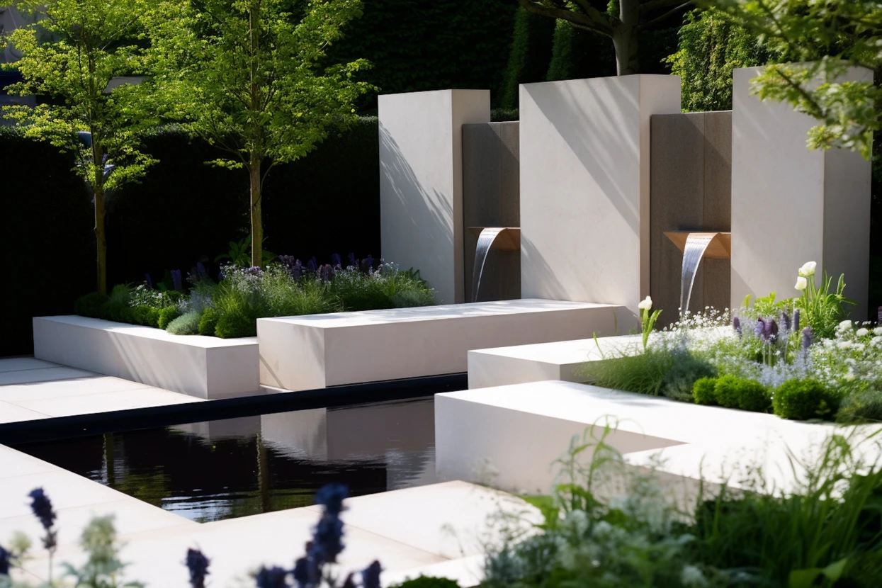 Jardin extérieur avec fontaine à étages en céramique beige patinée