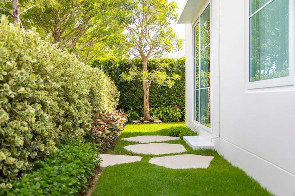 Jardin paysager avec bassin d'ornement circulaire et jet d'eau central sur pelouse entretenue