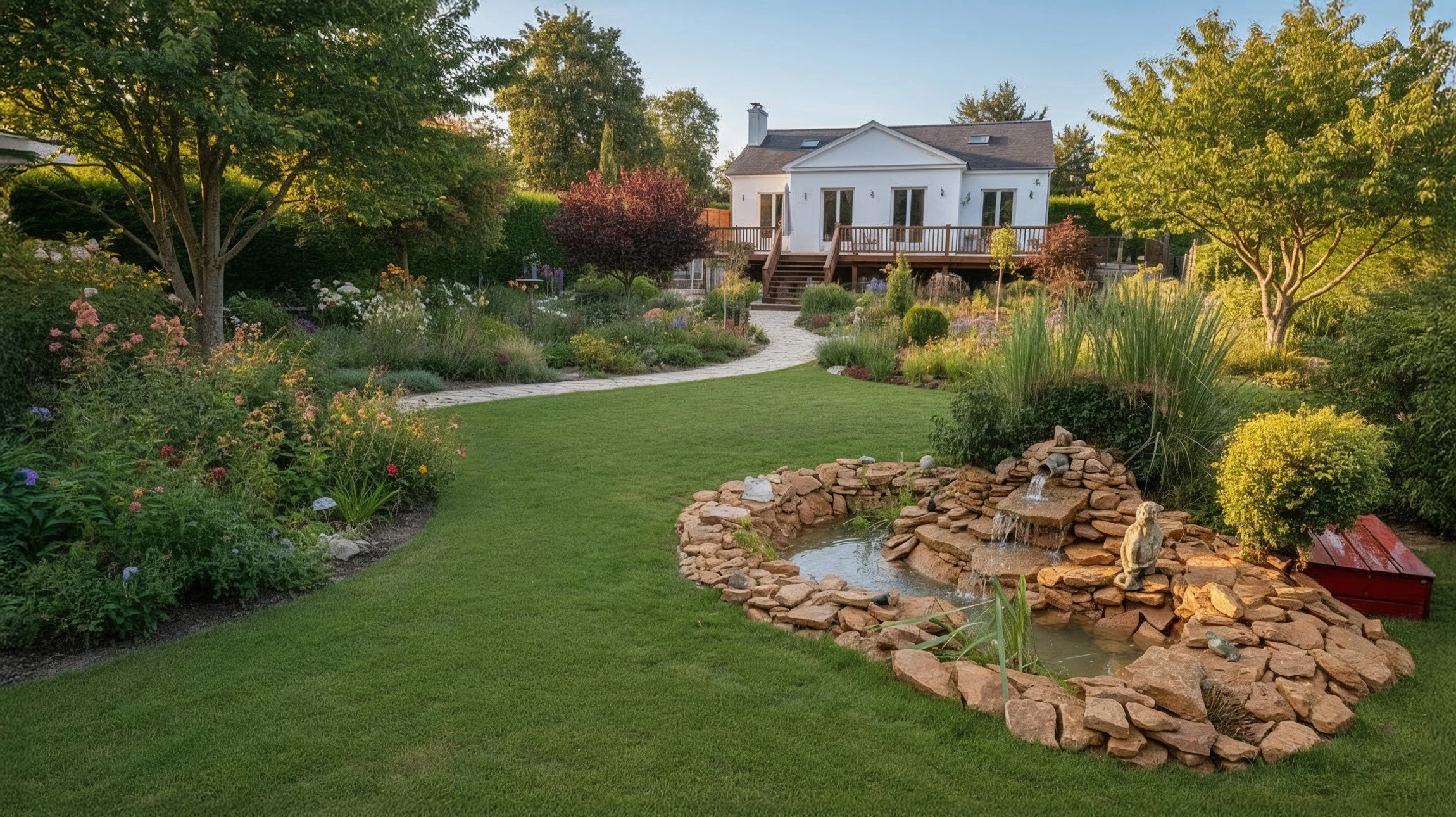 Jardin tropical avec gazebo en bois traditionnel indonésien à toit de tuiles rouges