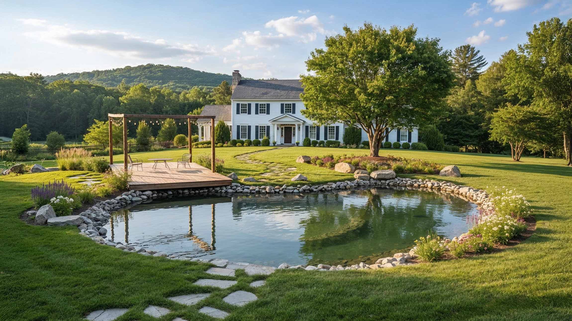 Jardin extérieur aménagé avec terrasse en bois circulaire, deux chaises en teck, clôture en panneaux horizontaux bois traité, végétation ornementale incluant palmier, géraniums rouges, lavande