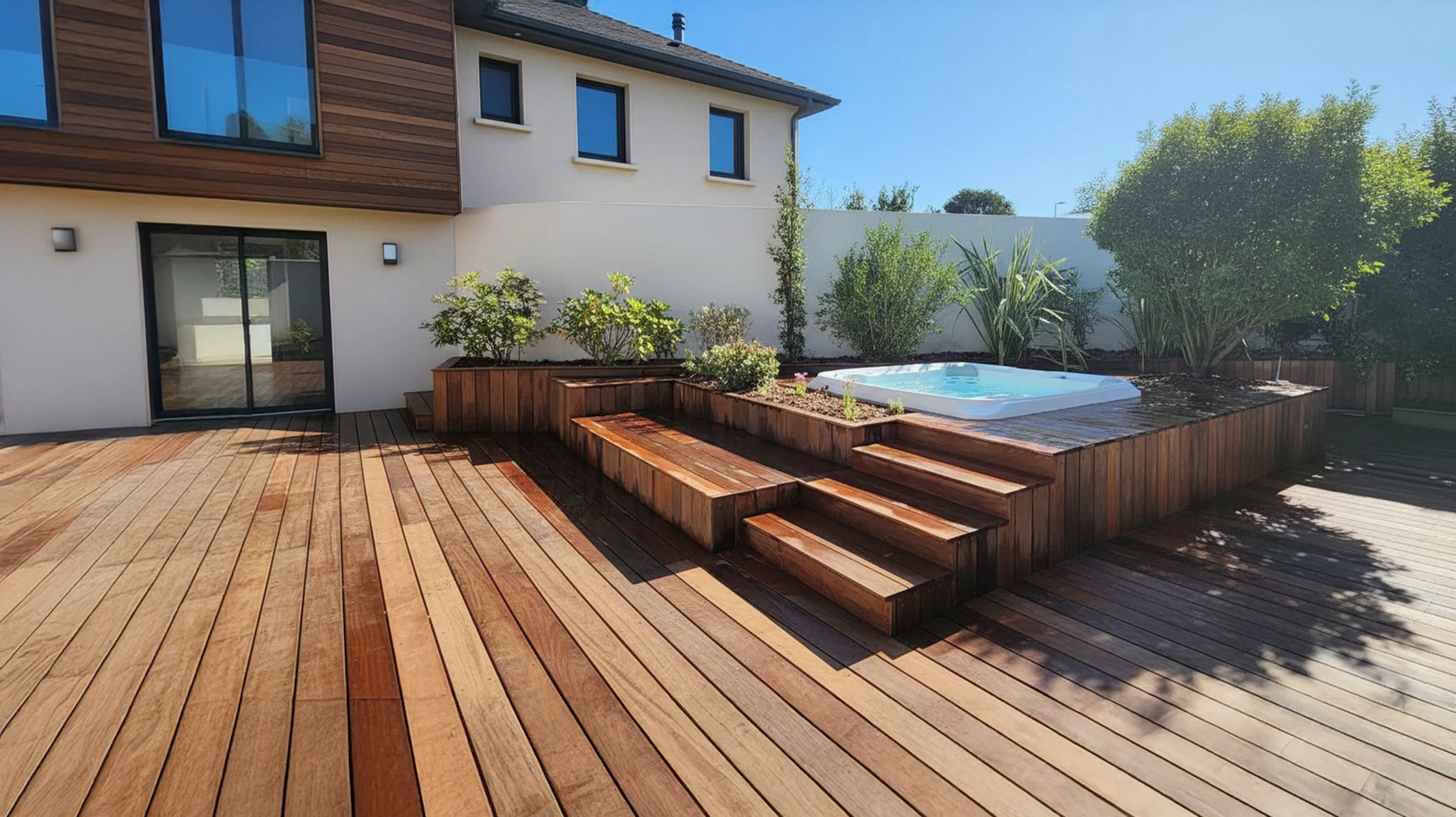 Terrasse extérieure aménagée avec salon de jardin en résine tressée marron, table ronde et chaises rembourrées