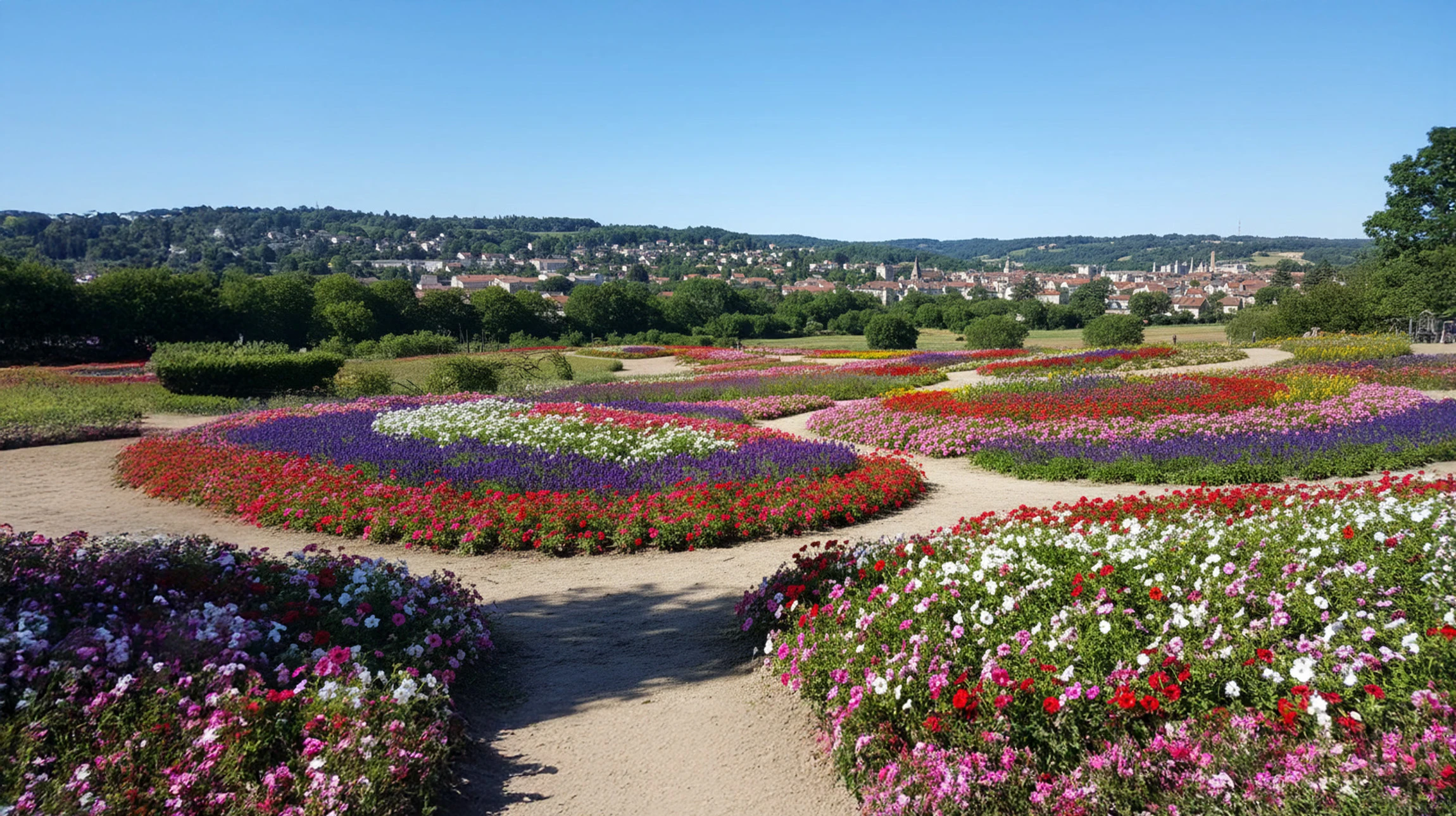 Jardin paysager en terrasses avec parterres de fleurs multicolores disposés en motifs géométriques